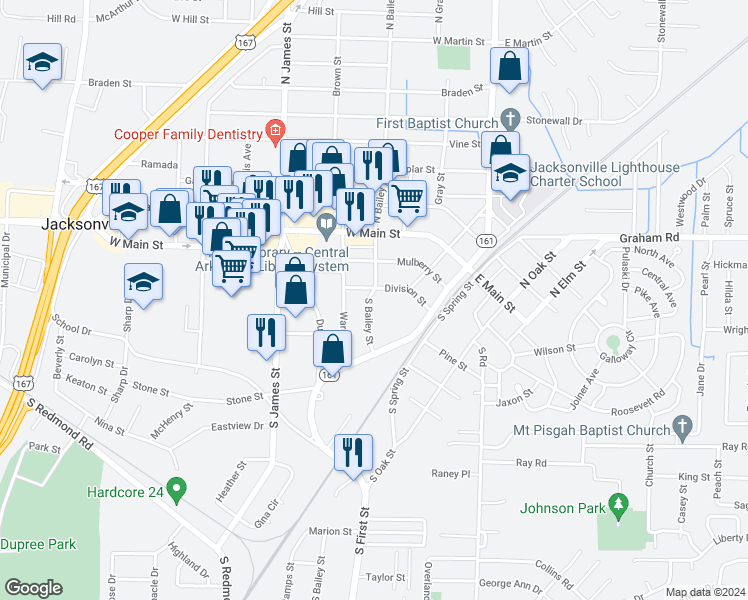 map of restaurants, bars, coffee shops, grocery stores, and more near 305 South Bailey Street in Jacksonville