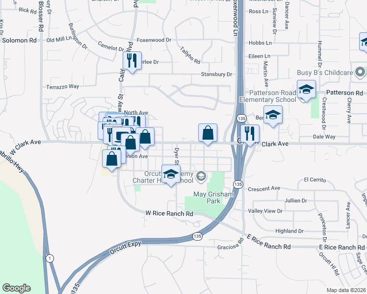 map of restaurants, bars, coffee shops, grocery stores, and more near 130 Twitchell Street in Orcutt