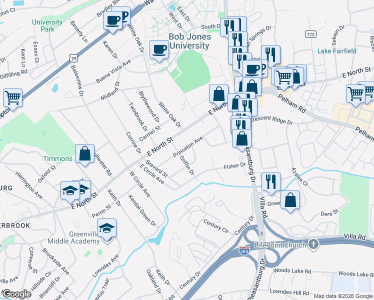 map of restaurants, bars, coffee shops, grocery stores, and more near 11 Columbia Circle in Greenville