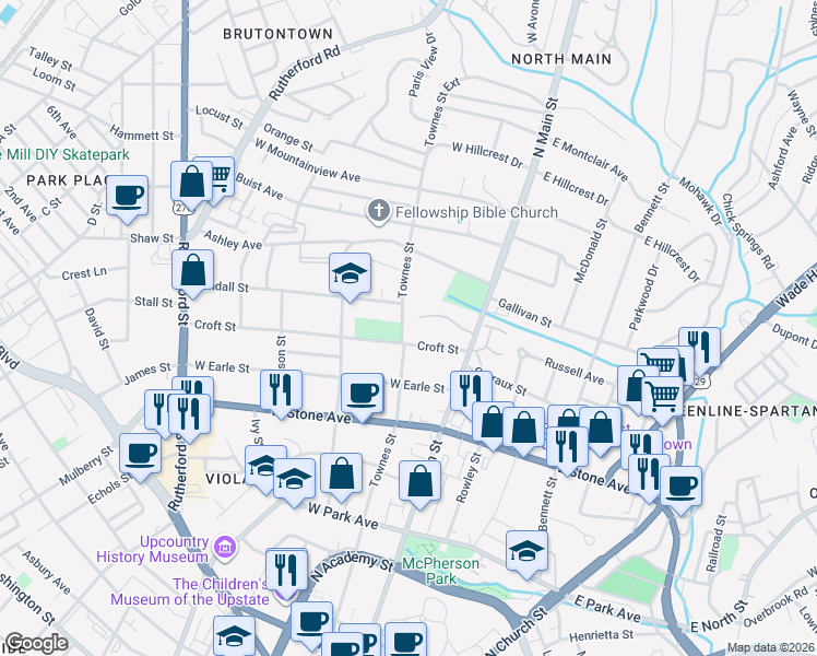 map of restaurants, bars, coffee shops, grocery stores, and more near 22 Croft Street in Greenville