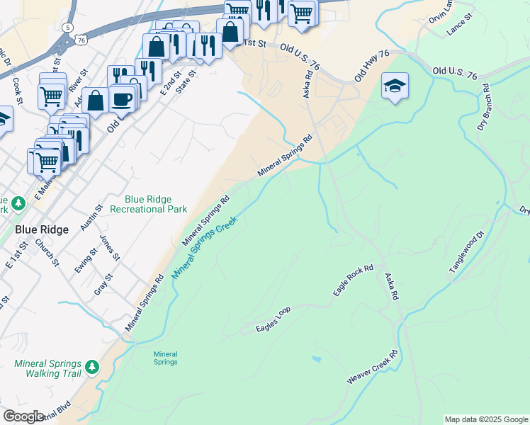 map of restaurants, bars, coffee shops, grocery stores, and more near 656 Aska Rd in Blue Ridge