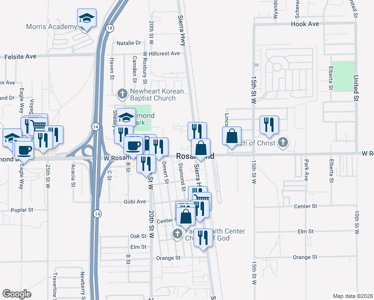 map of restaurants, bars, coffee shops, grocery stores, and more near in Rosamond