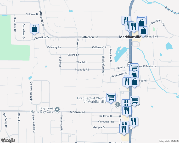 map of restaurants, bars, coffee shops, grocery stores, and more near 208 Peabody Road in Meridianville