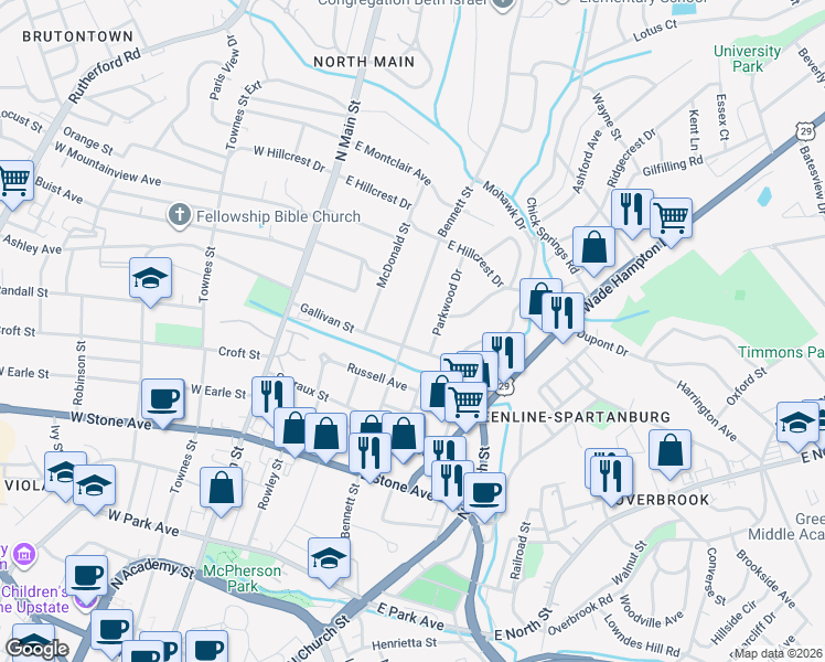 map of restaurants, bars, coffee shops, grocery stores, and more near 704 Bennett Street in Greenville
