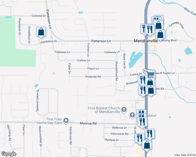 map of restaurants, bars, coffee shops, grocery stores, and more near 208 Peabody Road in Meridianville