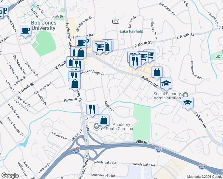 map of restaurants, bars, coffee shops, grocery stores, and more near 79 Briarview Circle in Greenville