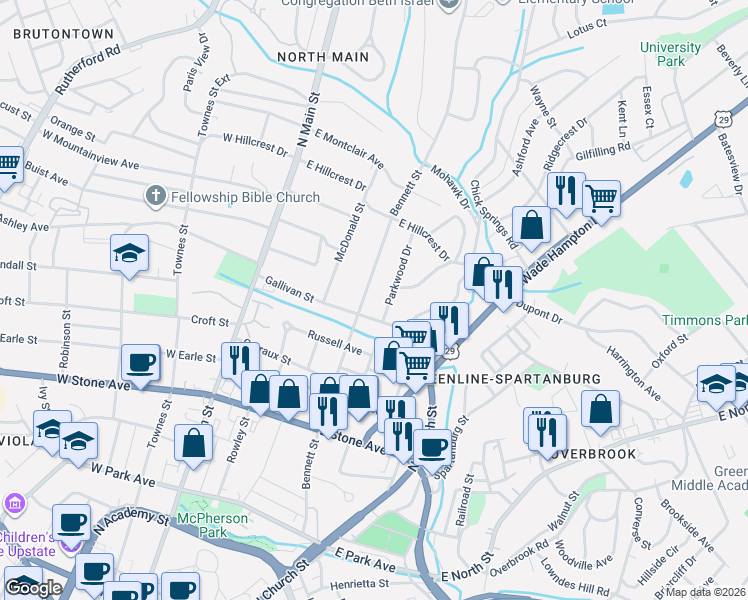 map of restaurants, bars, coffee shops, grocery stores, and more near 704 Bennett Street in Greenville