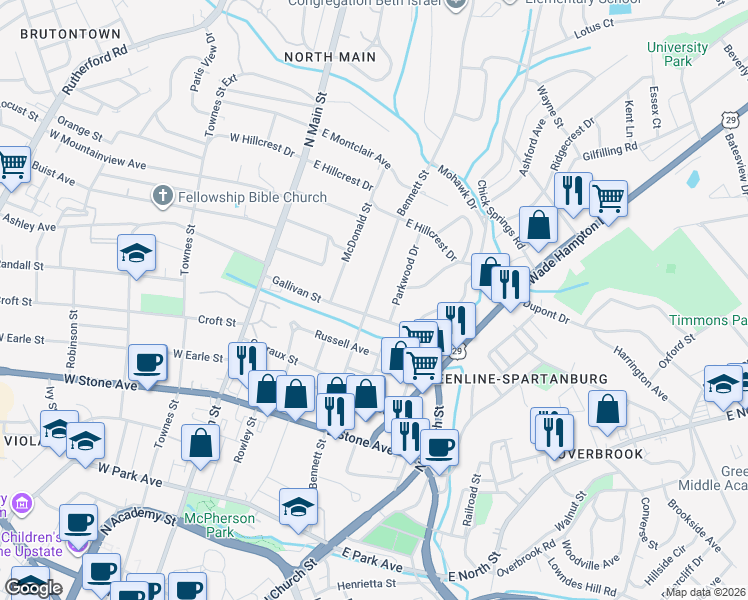 map of restaurants, bars, coffee shops, grocery stores, and more near 704 Bennett Street in Greenville