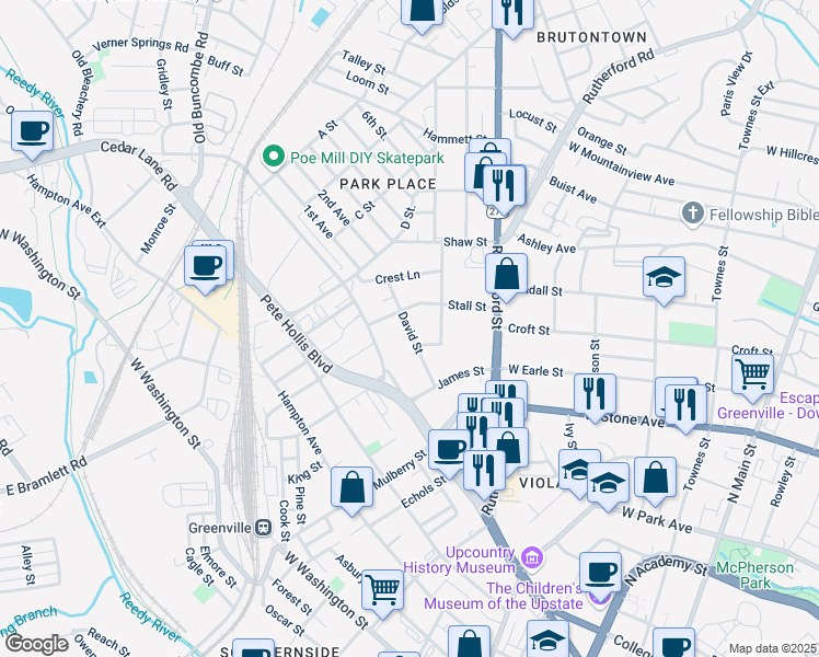 map of restaurants, bars, coffee shops, grocery stores, and more near 1210 Buncombe Road in Greenville