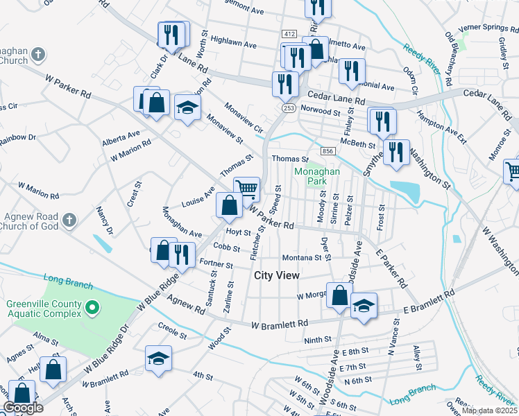 map of restaurants, bars, coffee shops, grocery stores, and more near 803 West Parker Road in Greenville