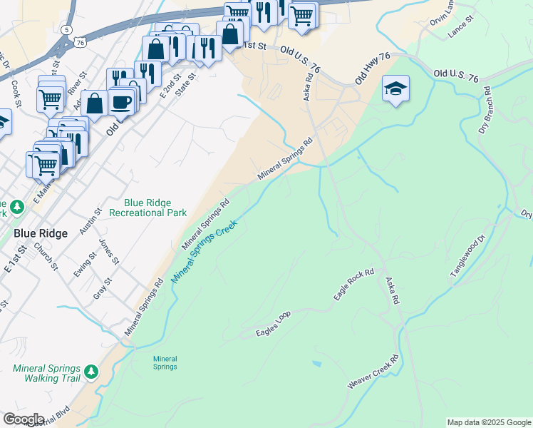 map of restaurants, bars, coffee shops, grocery stores, and more near 656 Aska Road in Blue Ridge
