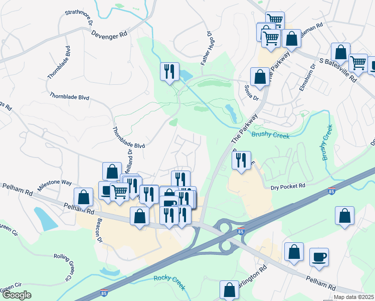 map of restaurants, bars, coffee shops, grocery stores, and more near 4001 Pelham Road in Greer
