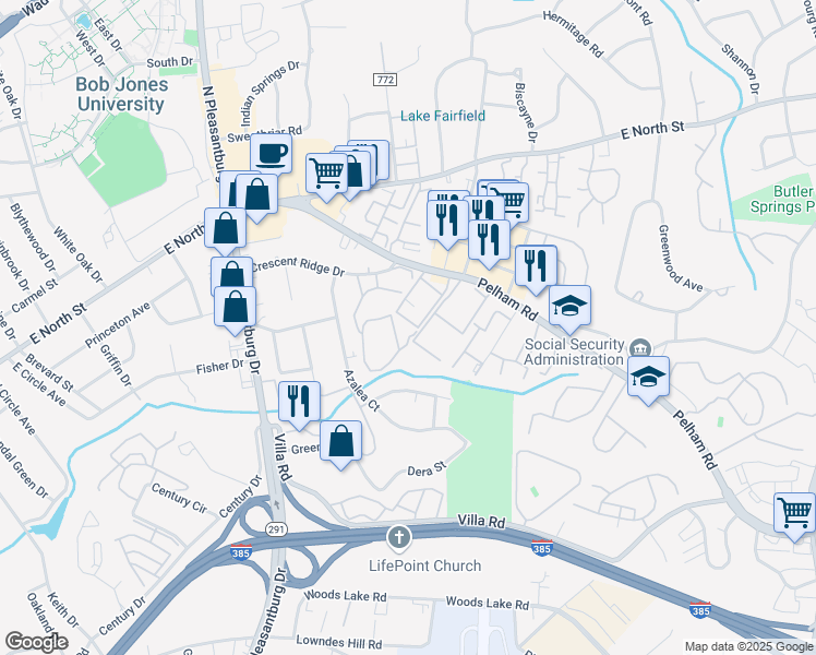 map of restaurants, bars, coffee shops, grocery stores, and more near 106 Briarview Circle in Greenville