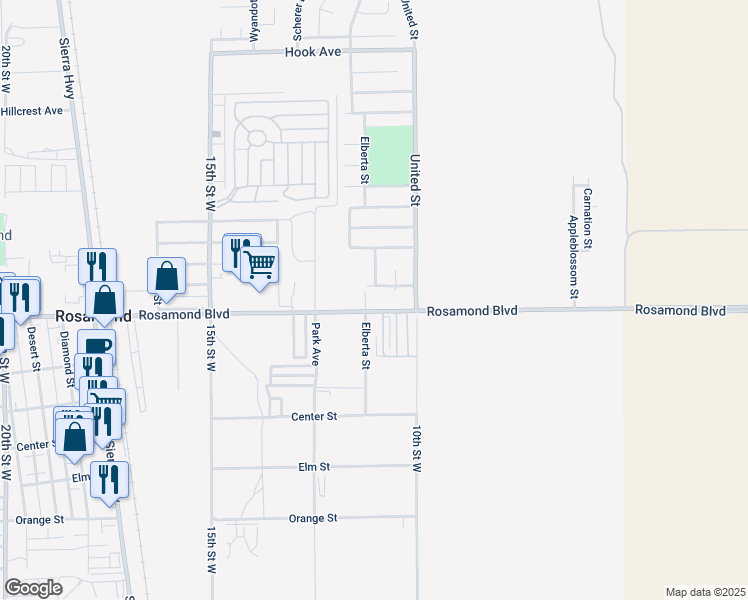 map of restaurants, bars, coffee shops, grocery stores, and more near 1047 West Rosamond Boulevard in Rosamond