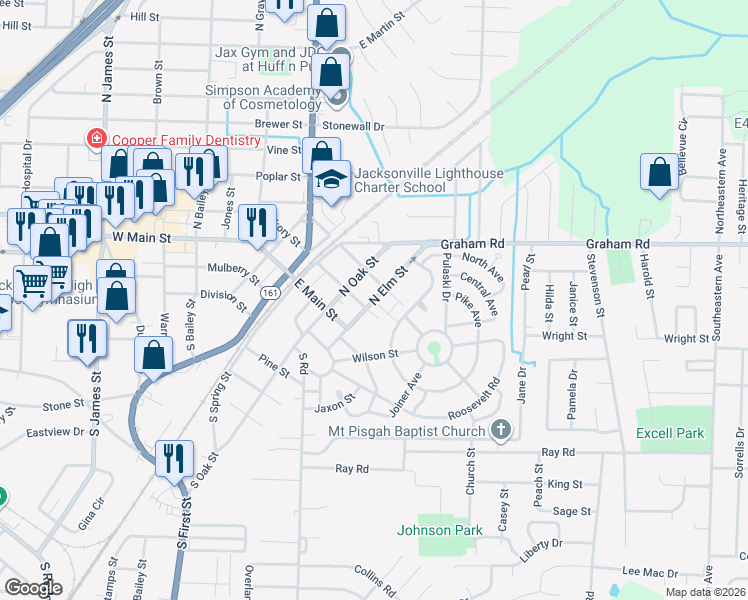 map of restaurants, bars, coffee shops, grocery stores, and more near 116 North Elm Street in Jacksonville