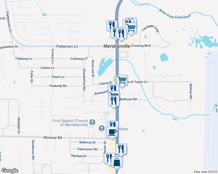map of restaurants, bars, coffee shops, grocery stores, and more near 111 Brokenrein Drive in Meridianville