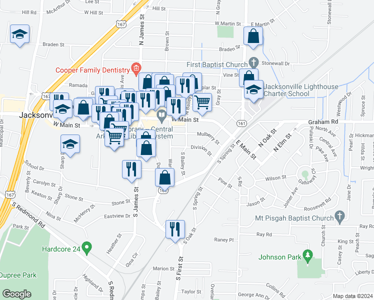 map of restaurants, bars, coffee shops, grocery stores, and more near 423 Division Street in Jacksonville
