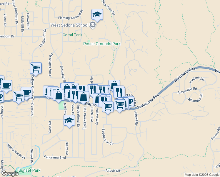 map of restaurants, bars, coffee shops, grocery stores, and more near 1380 Vista Montana Road in Sedona