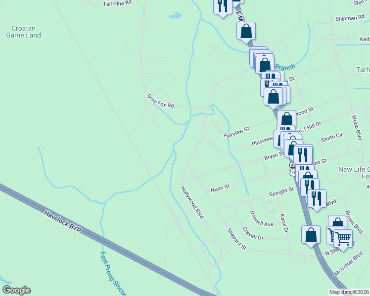 map of restaurants, bars, coffee shops, grocery stores, and more near 241 Hollywood Boulevard in Havelock