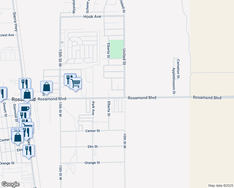 map of restaurants, bars, coffee shops, grocery stores, and more near 1047 West Rosamond Boulevard in Rosamond