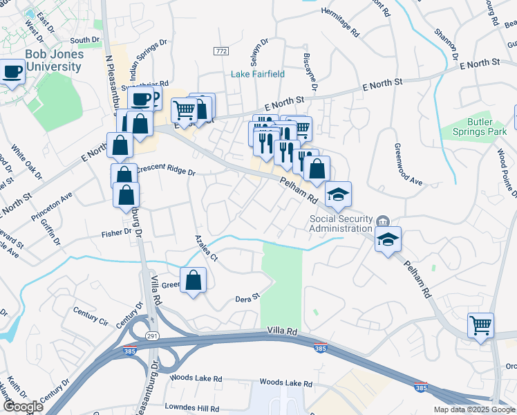 map of restaurants, bars, coffee shops, grocery stores, and more near 106 Briarview Circle in Greenville