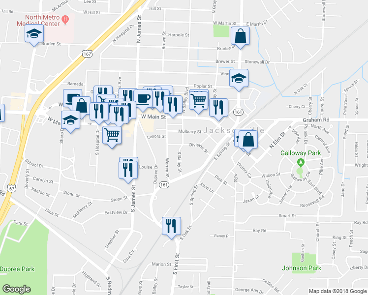 map of restaurants, bars, coffee shops, grocery stores, and more near 312 South Bailey Street in Jacksonville