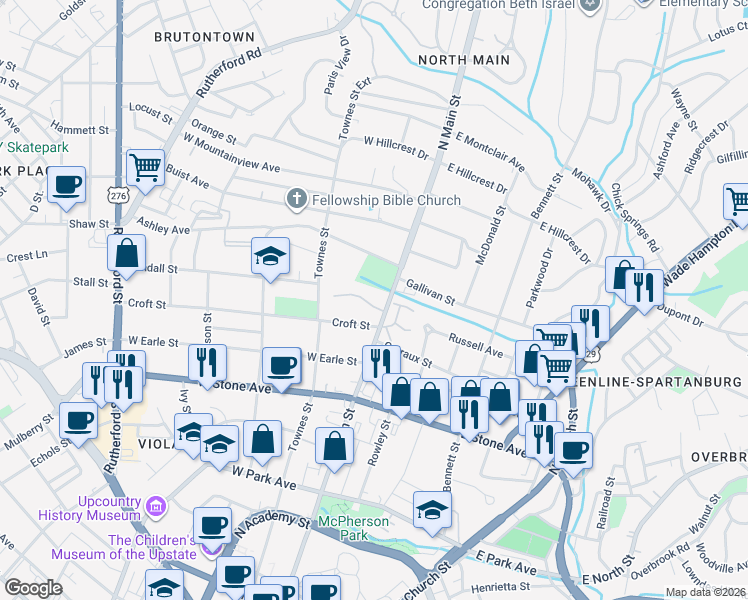 map of restaurants, bars, coffee shops, grocery stores, and more near 6c Edge Court in Greenville