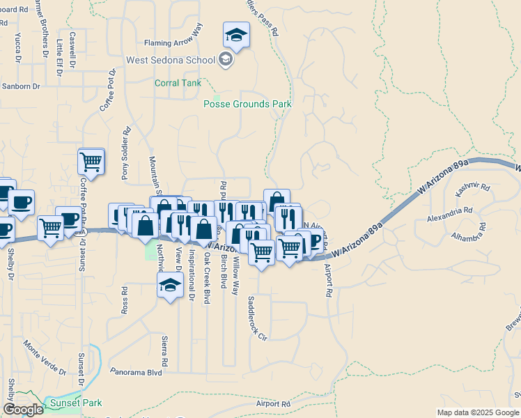map of restaurants, bars, coffee shops, grocery stores, and more near 1380 Vista Montana Road in Sedona