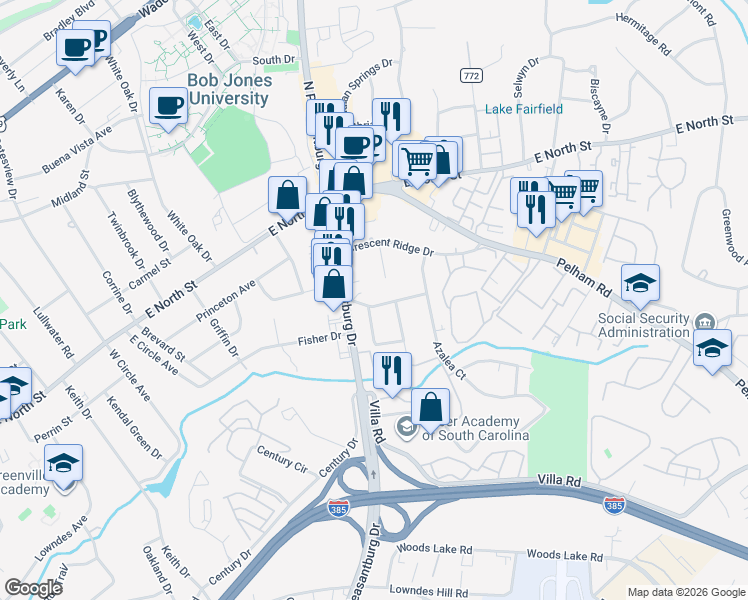 map of restaurants, bars, coffee shops, grocery stores, and more near 5 North Garden Circle in Greenville
