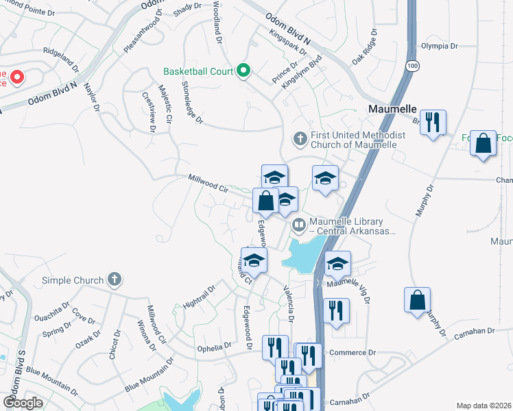 map of restaurants, bars, coffee shops, grocery stores, and more near 19 Edgehill Cove in Maumelle