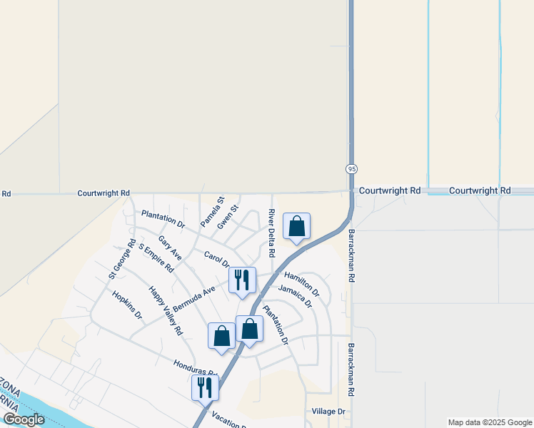 map of restaurants, bars, coffee shops, grocery stores, and more near 10001-10047 Oaktree Dr in Mohave Valley
