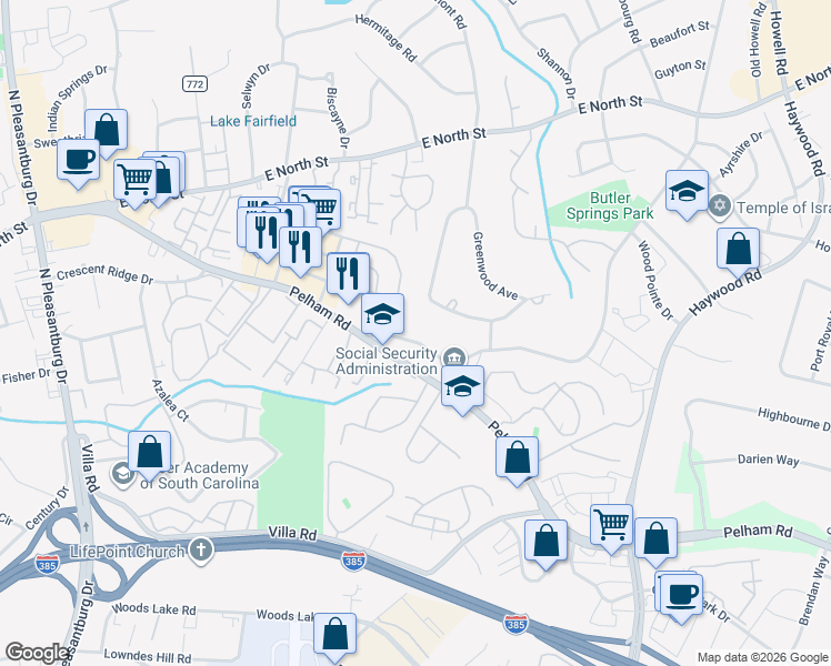 map of restaurants, bars, coffee shops, grocery stores, and more near 305 Pelham Road in Greenville