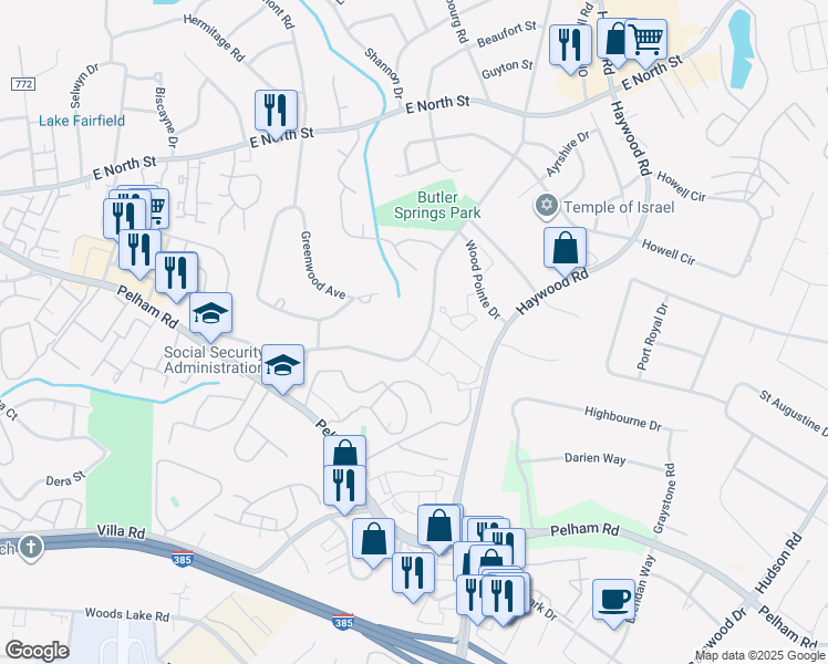 map of restaurants, bars, coffee shops, grocery stores, and more near 203 Butler Springs Road in Greenville