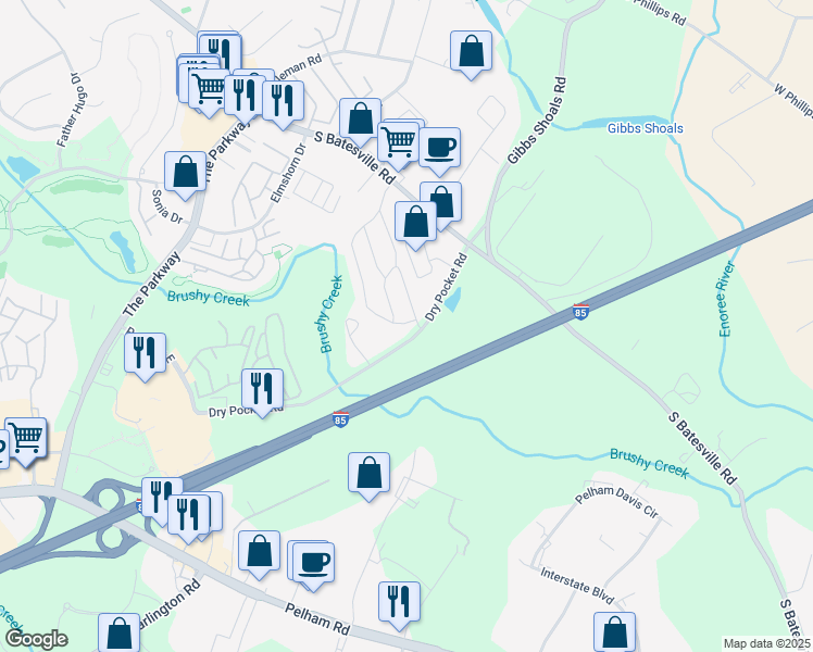 map of restaurants, bars, coffee shops, grocery stores, and more near 2 Ashburton Drive in Greer