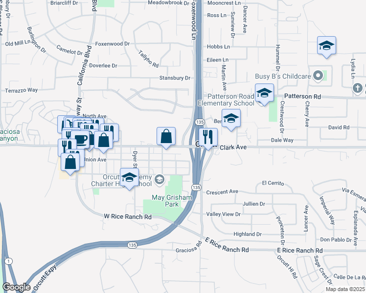 map of restaurants, bars, coffee shops, grocery stores, and more near East Clark Avenue & Foxenwood Lane in Santa Maria