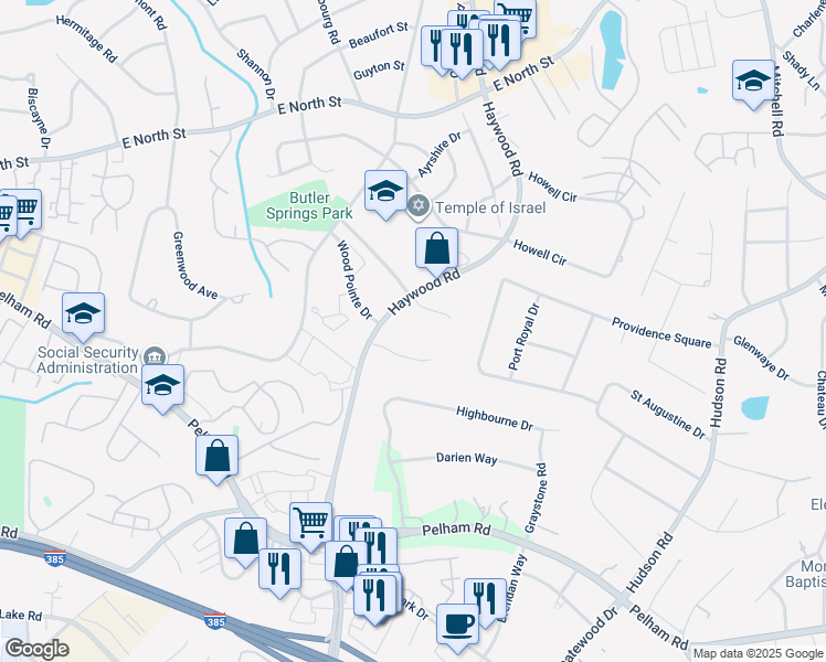 map of restaurants, bars, coffee shops, grocery stores, and more near 9 Hawthorne Park Court in Greenville