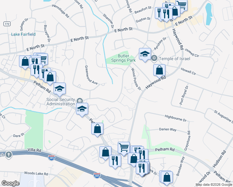 map of restaurants, bars, coffee shops, grocery stores, and more near 203 Butler Springs Road in Greenville