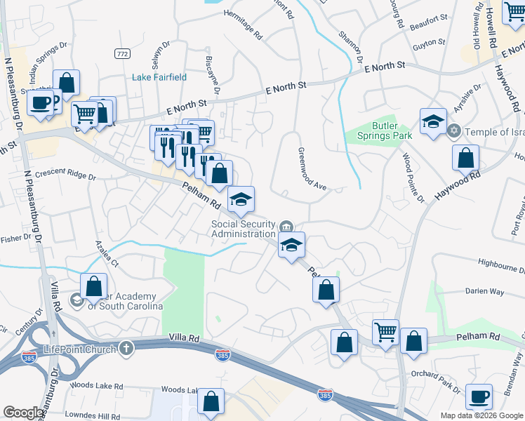 map of restaurants, bars, coffee shops, grocery stores, and more near 305 Pelham Road in Greenville