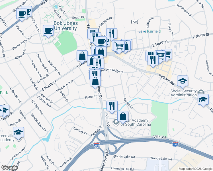 map of restaurants, bars, coffee shops, grocery stores, and more near 5 North Garden Circle in Greenville