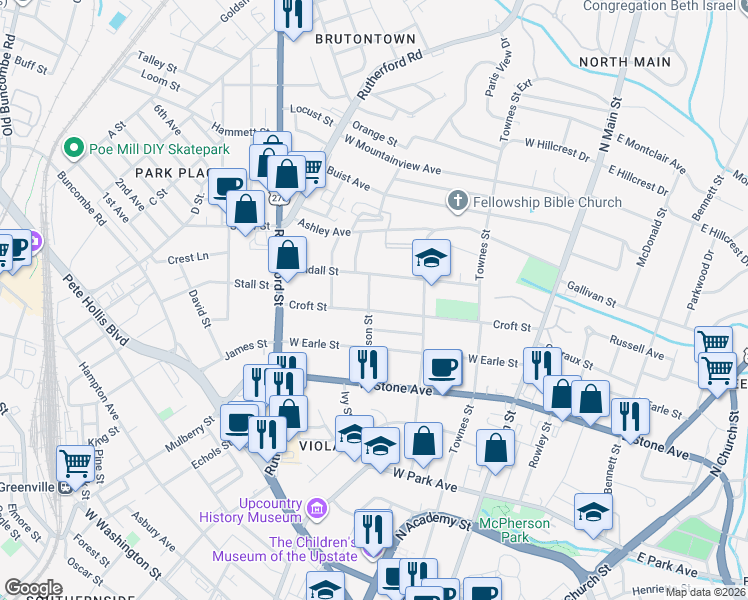 map of restaurants, bars, coffee shops, grocery stores, and more near 115 Robinson Street in Greenville