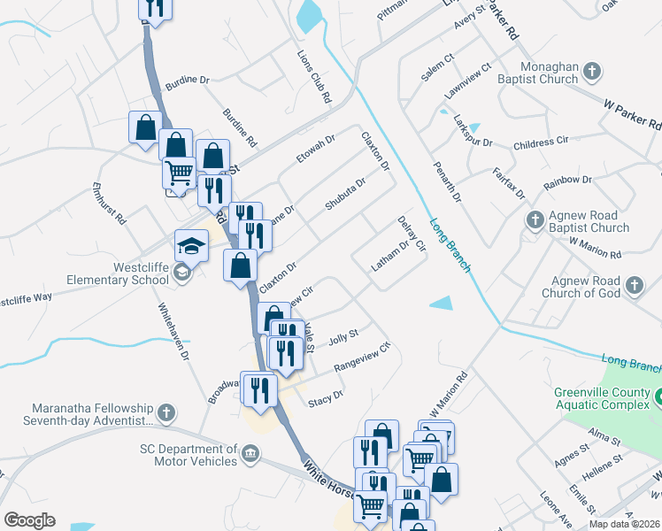 map of restaurants, bars, coffee shops, grocery stores, and more near 113 Rangeview Circle in Greenville