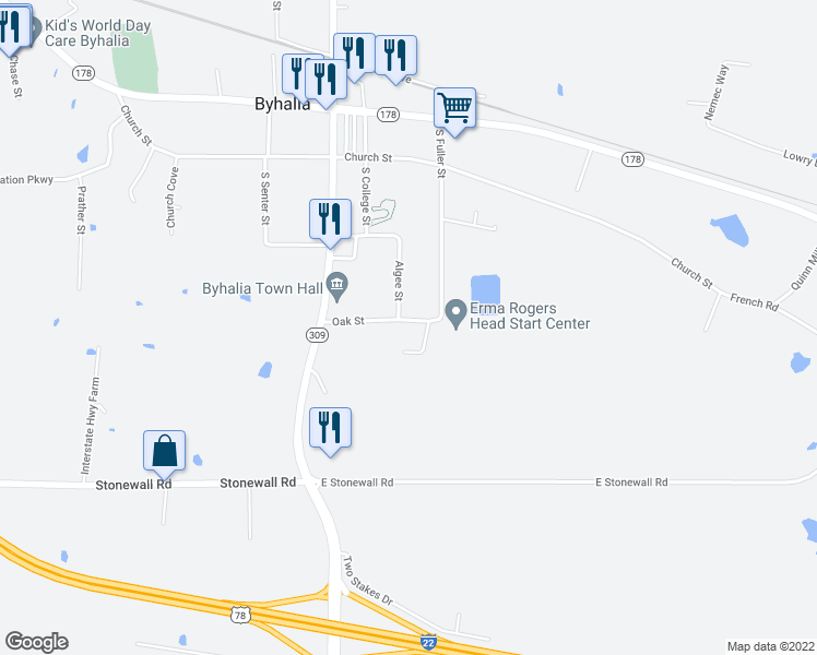 map of restaurants, bars, coffee shops, grocery stores, and more near 124 Oak Street in Byhalia