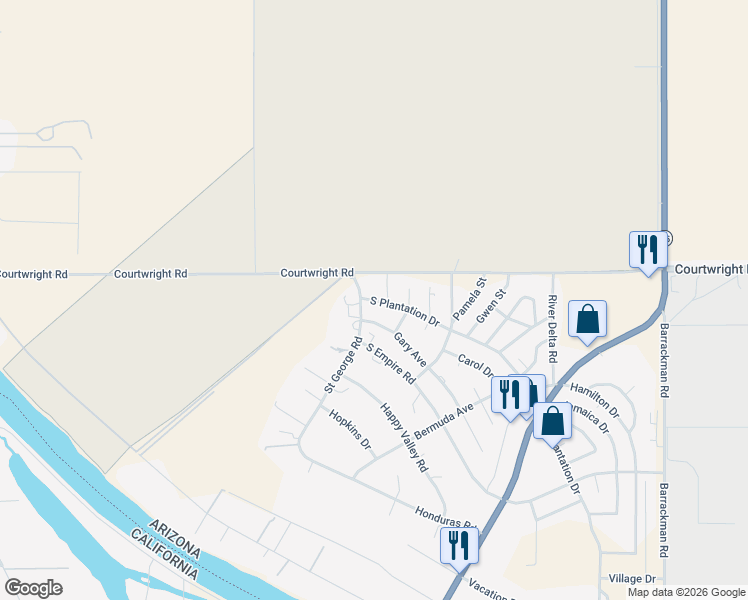 map of restaurants, bars, coffee shops, grocery stores, and more near 1213 South Plantation Drive in Mohave Valley