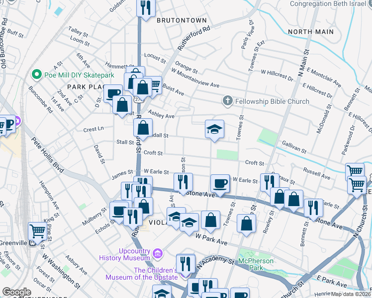 map of restaurants, bars, coffee shops, grocery stores, and more near 115 Robinson Street in Greenville