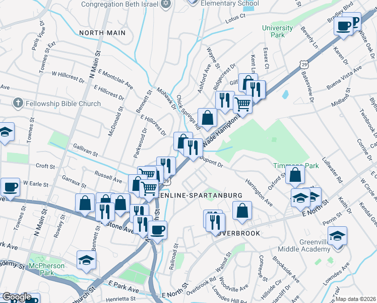 map of restaurants, bars, coffee shops, grocery stores, and more near 319 Wade Hampton Blvd in Greenville