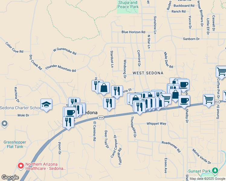 map of restaurants, bars, coffee shops, grocery stores, and more near 2810 Hopi Drive in Sedona