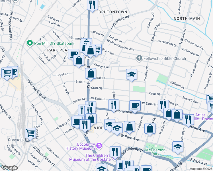 map of restaurants, bars, coffee shops, grocery stores, and more near 115 Robinson Street in Greenville