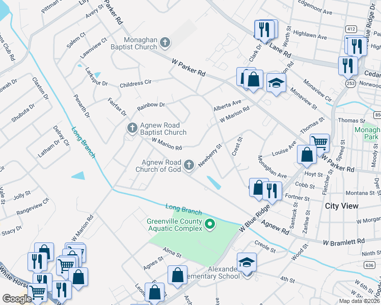 map of restaurants, bars, coffee shops, grocery stores, and more near 208 Agnew Road in Greenville