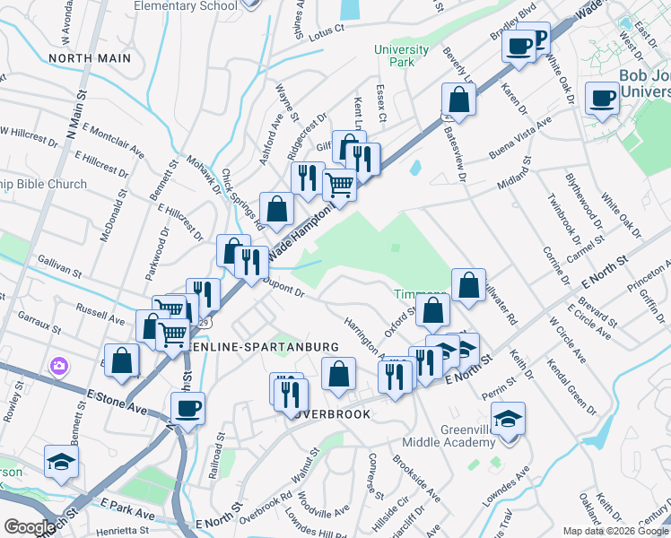 map of restaurants, bars, coffee shops, grocery stores, and more near 60 Kirkwood Lane in Greenville