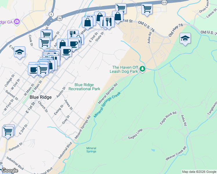 map of restaurants, bars, coffee shops, grocery stores, and more near 458 Mineral Springs Road in Blue Ridge